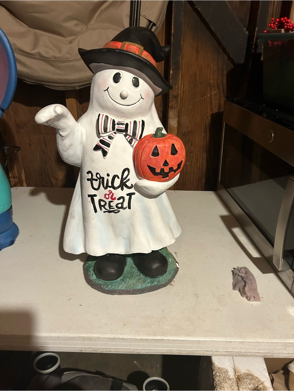 Kirklands White Ghost Figurine with Orange Pumpkin and Black Hat
